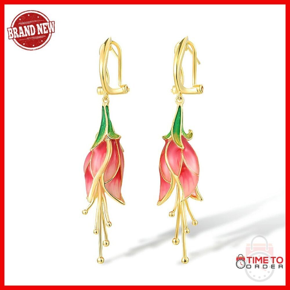 Sterling Silver Enamel Tulip Drop Earrings with Cubic Zirconia